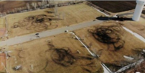 Two men are suspected of driving onto soccer fields in Hastings and spinning doughnuts that scarred the playing fields.