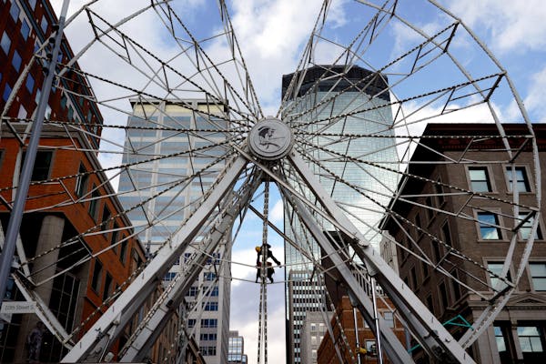 A giant Ferris wheel was erected on Nicollet Mall Tuesday afternoon, in preparation for the Final Four festivities in Minneapolis. There will be a fou