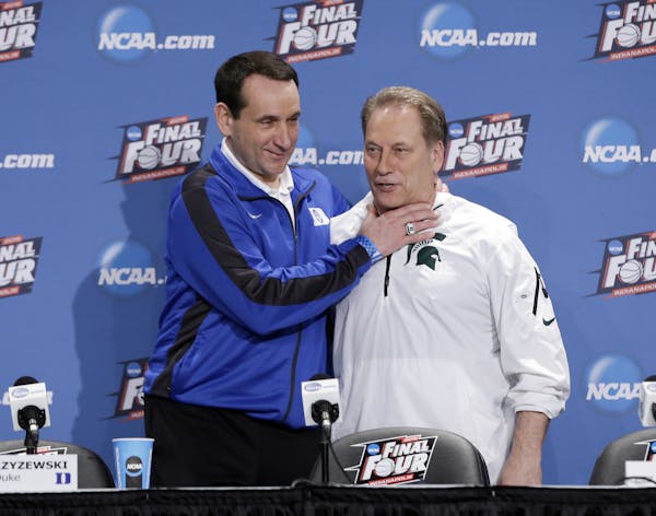 Duke coach Mike Krzyzewski playfully went in for a choke hold on Michigan State’s Tom Izzo before their two teams played in the 2015 Final Four. And