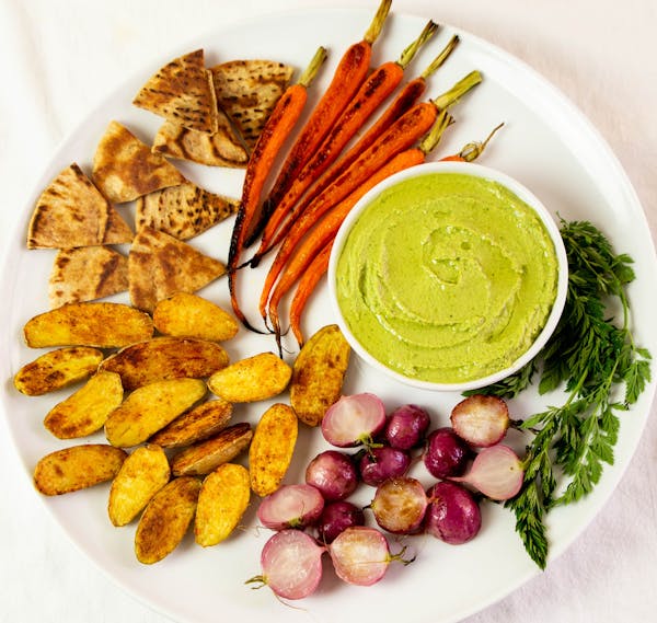 Sweet Pea Hummus With Roasted Spring Vegetables. Photo by Robin Asbell * Special to the Star Tribune