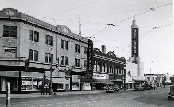 The Uptown area as it appeared in about 1940, after a redesign of the Uptown Theatre added the prominent mast to the building. Formerly the Lagoon The