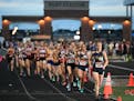 Rosemount's Lauren Peterson, far right, led the pack of runners early on her way to winning the girls' 3200-meter run with a time of 10 minutes, 54.82