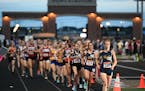 Rosemount's Lauren Peterson, far right, led the pack of runners early on her way to winning the girls' 3200-meter run with a time of 10 minutes, 54.82