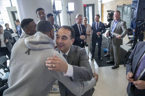 Minnesota Timberwolves new President of basketball operations Gersson Rosas was greeted by some of the Timberwolves players after a press conference a