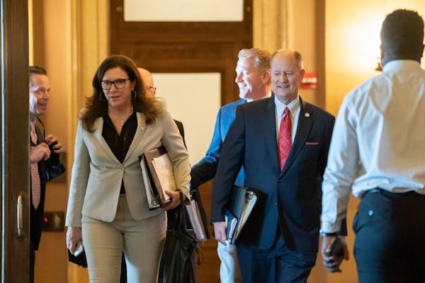 Sen. Julie Rosen, left, was the chief author of the Senate version of the opioid bill. Above, she left a negotiating session on May 15 with Senate Maj