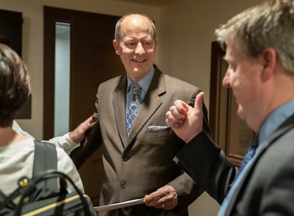 Senate Majority Leader Paul Gazelka was gently nudged out of the news conference room after the conversation turned from upcoming Senate bills to what