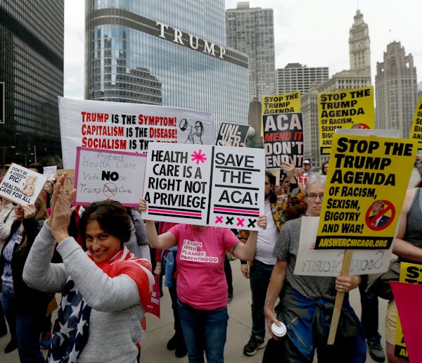 In 2017, protesters gathered across the Chicago River from Trump Tower to rally against the repeal of the Affordable Care Act. Earlier, President Trum