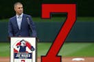 Former Minnesota Twins star Joe Mauer fought back tears as he spoke during a pregame ceremony to retire his number 7 Saturday. ] ANTHONY SOUFFLE • a