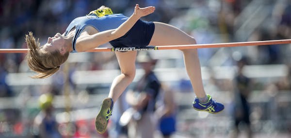 Blaine’s Madison Schmidt cleared a jump during the girls' high jump competition at the Class 2A track and field state meet Friday at Hamline Univers
