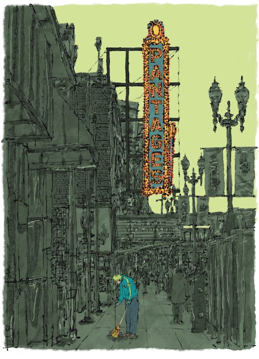Illustrator Robb Burnham draws city scenes and writes reflective captions such as this one for the Pantages Theatre: “i love a good urban street scene. where’s there’s grit and life and a million things to look at and a million things happening at once.”