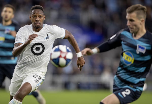 Mason Toye (23) of Minnesota United, shown here in a May 22 friendly against Hertha Berlin, scored two goals Tuesday in the first match with an MLS te