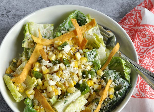 Elote “Caesar” Salad adds poblano peppers and sweet corn to the mix.