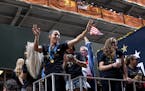 Members of the U.S. women's soccer team celebrate during a ticker tape parade along the Canyon of Heroes, Wednesday, July 10, 2019 in New York. The U.