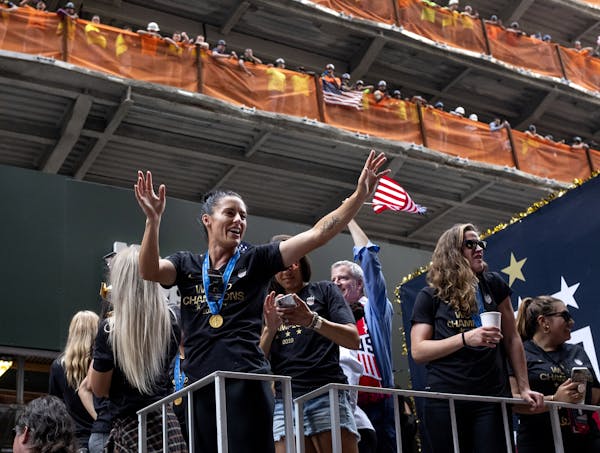 Members of the U.S. women's soccer team celebrate during a ticker tape parade along the Canyon of Heroes, Wednesday, July 10, 2019 in New York. The U.