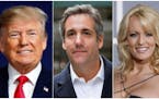 From left, former President Donald Trump, attorney Michael Cohen and adult film actress Stormy Daniels. 