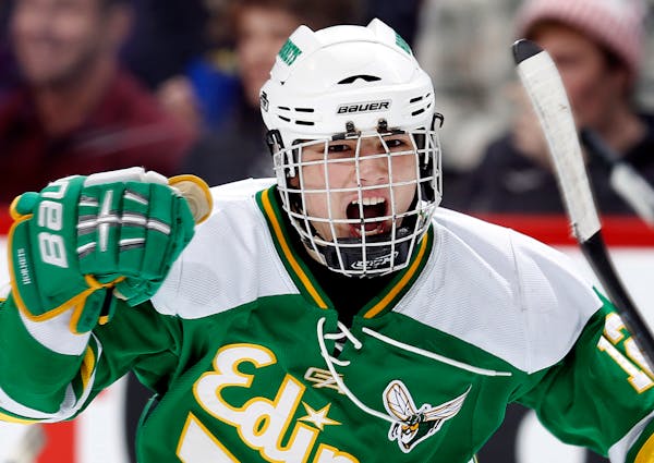 Miguel Fidler (12) of Edina celebrated after scoring a goal in the 2013 Minnesota state hockey tournament.