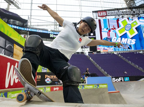 Misugu Okamoto, a 13-year-old from Japan, will compete in the women’s skateboard park competition on Friday at U.S. Bank Stadium.