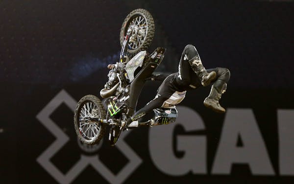 Jackson Strong competes in the Moto X Freestyle at the X Games at U.S. Bank Stadium