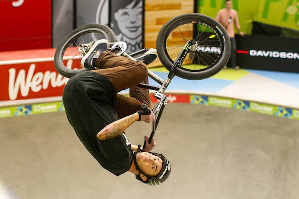 Kevin Peraza saved a few high-difficulty bicycle stunts for the final day of competition Sunday, in Dave Mirra’s BMX Park Best Trick at the Summer X