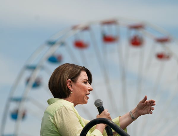 Sen. Amy Klobuchar spoke at the Des Moines Register’s Political Soapbox at the Iowa State Fair.