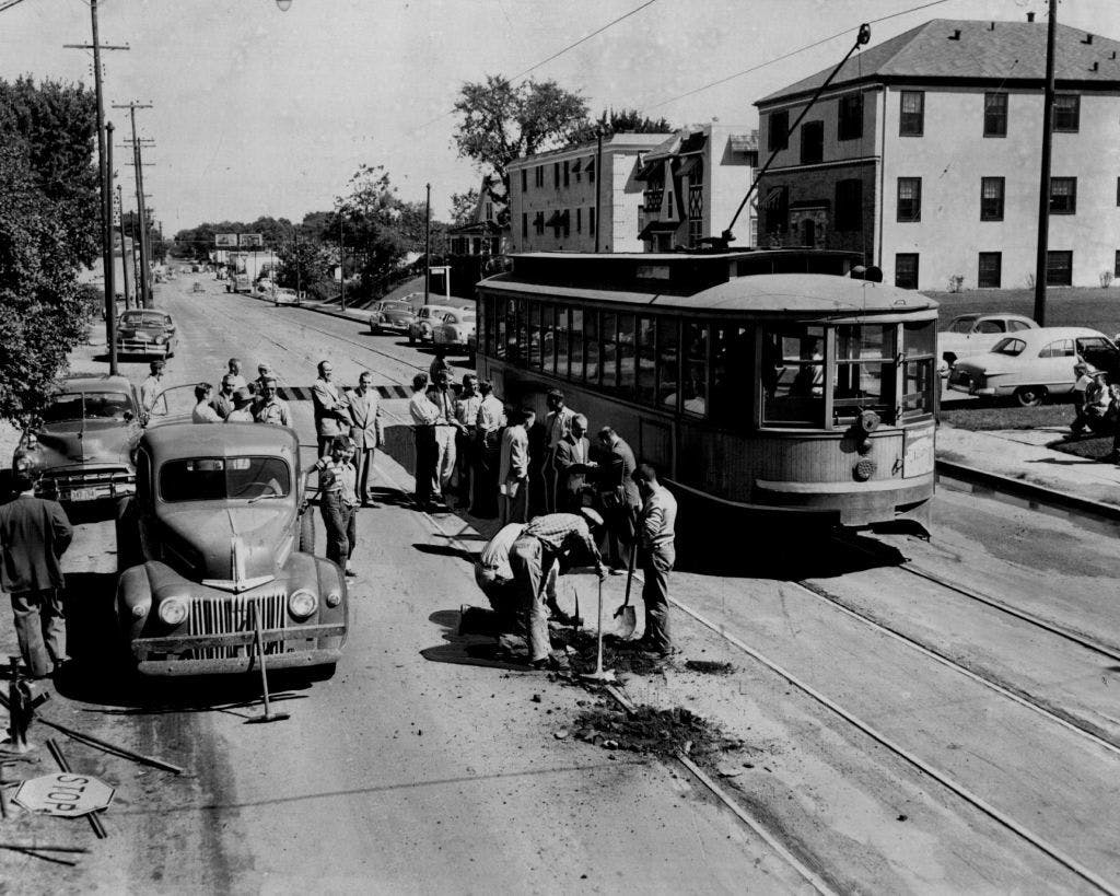 The last streetcar to make the trip from Edina to Minneapolis is seen on Aug. 11, 1952, as Edina workers began tearing up the streetcar tracks on France Av., to make way for shuttle bus service.
