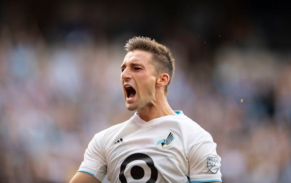Minnesota FC midfielder Ethan Finlay let out a yell after scoring the game's only goal on a penalty kick in the 90th minute to lift the Loons over Por