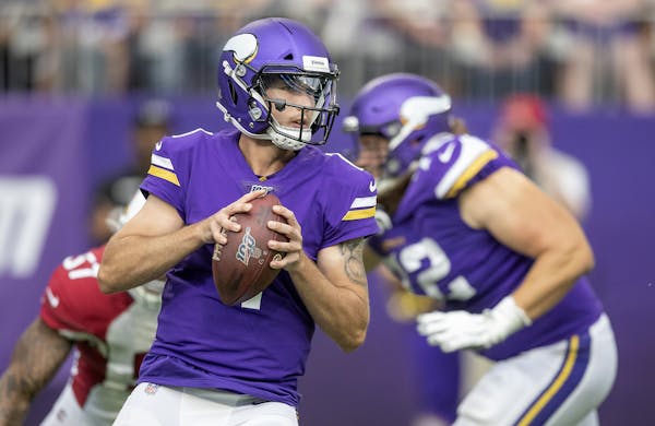 Vikings quarterback Kyle Sloter looks downfield in the third quarter vs. the Arizona Cardinals in Week 3 of the preseason.