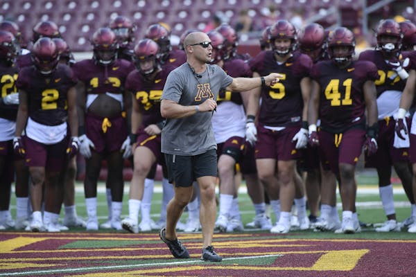 Gophers coach P.J. Fleck directed his team at practice this month.