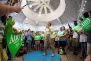 Presidential candidate Sen Amy Klobuchar spoke to crowds in the Minnesota State Fair DFL booth.
