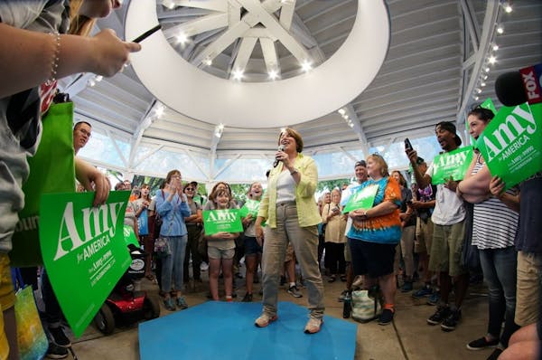 Presidential candidate Sen Amy Klobuchar spoke to crowds in the Minnesota State Fair DFL booth.