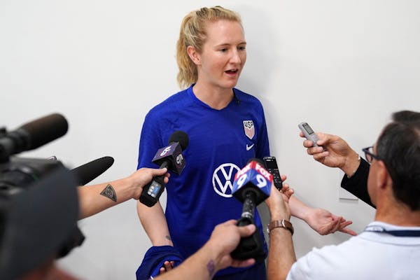 U.S. Women's National Soccer Team midfielder Samantha Mewis took questions from reporters as she and her teammates joined the Minnesota Lynx for a por