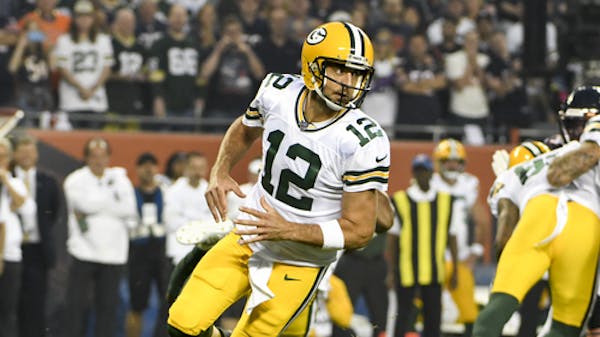 Green Bay Packers’ Aaron Rodgers during the season opener against the Chicago Bears Thursday, Sept. 5, 2019, in Chicago.