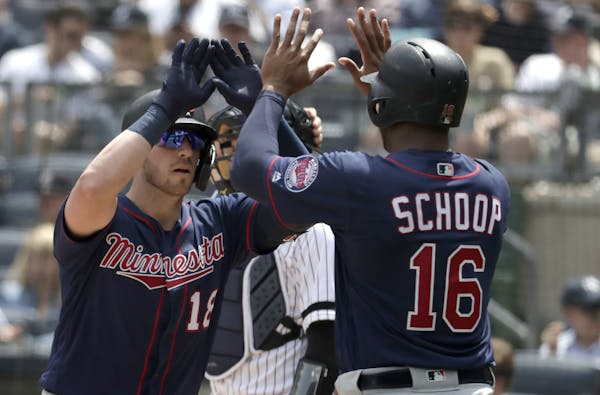 Mitch Garver was greeted at home plate by Jonathan Schoop after hitting a two-run homer against the Yankees in New York on May 4. The Twins lost two o