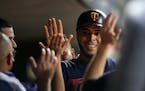 Minnesota Twins designated hitter Nelson Cruz (23) celebrated with teammates after scoring off an RBI single hit by catcher Willians Astudillo (64) in