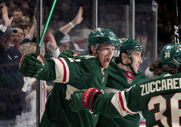 Wild center Eric Staal (12) celebrated after scoring his second of two goals in the first period against Edmonton on Tuesday.