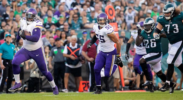 Nose tackle Linval Joseph grabbed a fumble out of midair and rumbled 64 yards for a touchdown in the Vikings’ victory over the Eagles last season in