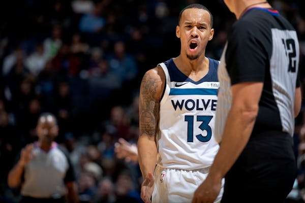 Wolves guard Shabazz Napier reacted after being called for traveling in the third quarter Sunday night at Target Center.
