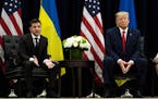 President Volodymyr Zelenskiy of Ukraine speaks while meeting with President Donald Trump at the InterContinental New York Barclay in New York, Sept. 