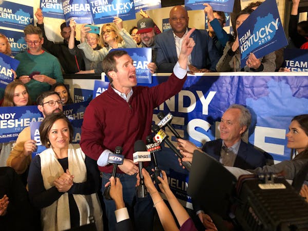 Democrat Andy Beshear spoke to supporters on the last night of the campaign for governor in Louisville, Ky., on Monday. He claimed victory on Tuesday.