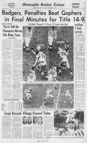 Nov. 25, 1962: The Minneapolis Sunday Tribune Sports “Peach” was packed with college football coverage and photography — including the above s