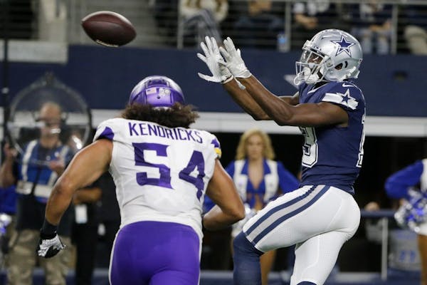 Minnesota Vikings middle linebacker Eric Kendricks (54) defends Cowboys wide receiver Michael Gallup (13) during the first half on Sunday's game.