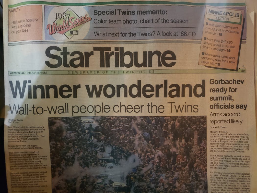 This historic newspaper marking the Minnesota Twins' 1987 World Series victory parade was found recently in a Star Tribune coin box.