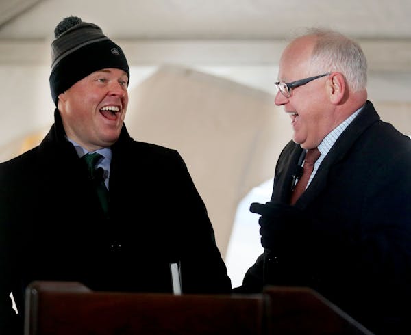 Mike Ryan of Ryan Cos. and Gov. Tim Walz joined Tuesday in the unveiling of the plan which includes plans for an artificial river to capture stormwate