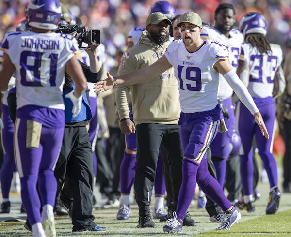 Adam Thielen (right) will sit out Sunday’s game, meaning Bisi Johnson (81) will get more playing time.