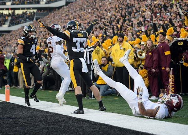 Iowa defensive back Riley Moss celebrated after he broke up a pass intended for Gophers wide receiver Chris Autman-Bell.