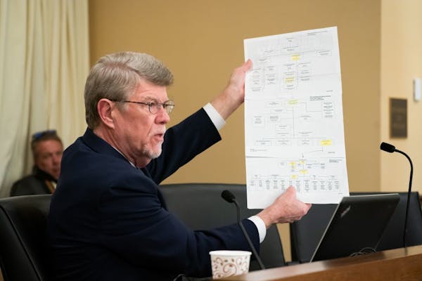 Legislative Auditor James Nobles held up the complicated organizational chart of DHS as he spoke on the results of its investigation into Medicaid ove