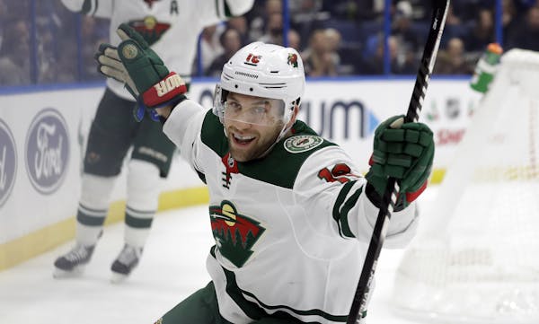 Minnesota Wild left wing Jason Zucker celebrates his goal against the Tampa Bay Lightning during the first period.