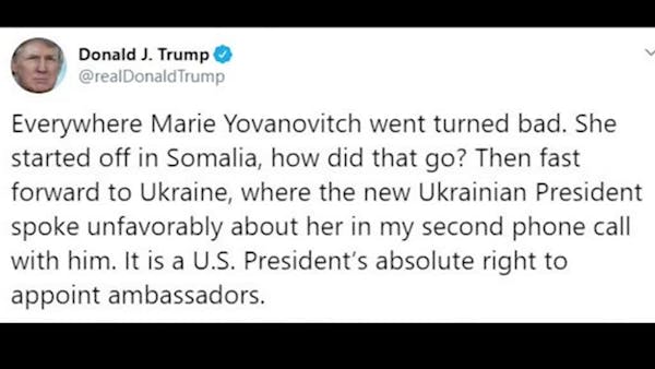 Yovanovitch calls Trump tweets very intimidating