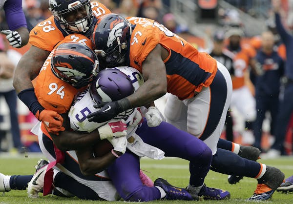 Von Miller (58) and Broncos teammates sacked Teddy Bridgewater in a victory over the Vikings on Oct. 4, 2015 in Denver.