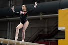 Anna Altermatt of Lakeville North, performing on the beam in the 2019 state meet, is one of the top gymnasts to watch this season. Photo: COURTNEY DEU